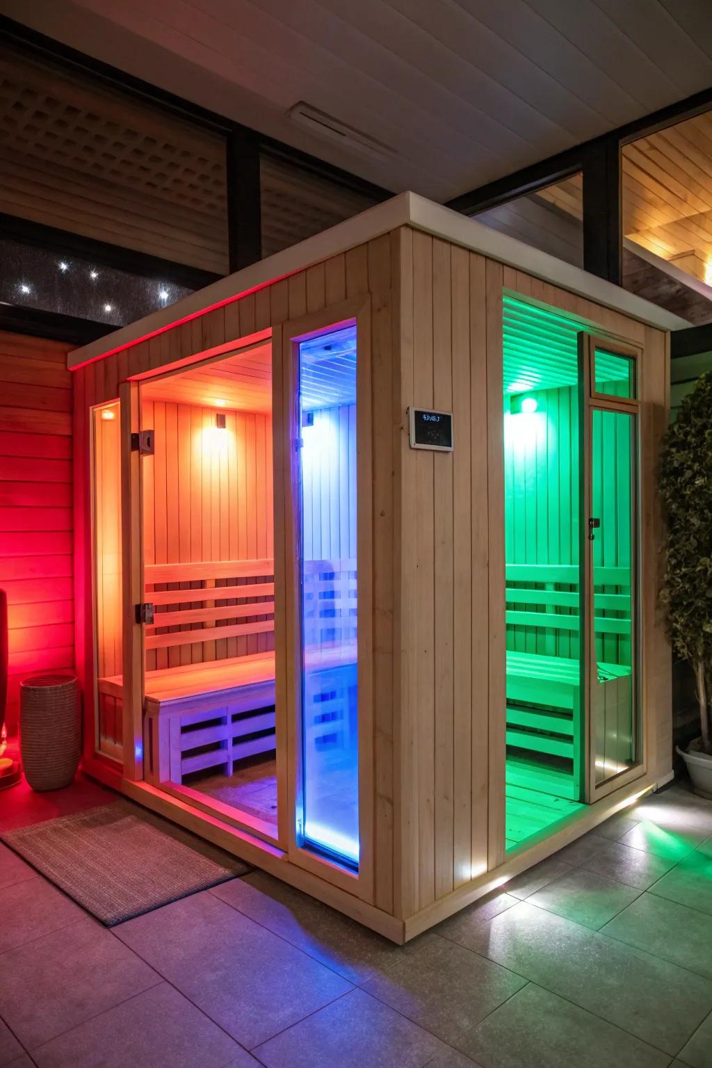 Color-changing lighting adds a colorful dimension to this sauna experience.