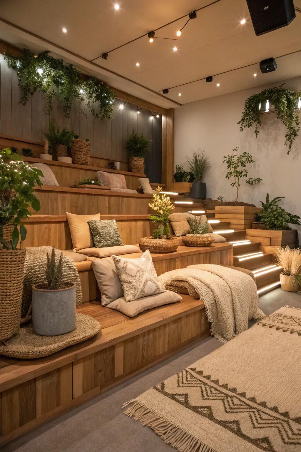 Raw wood platforms add warmth and beauty to your movie room.