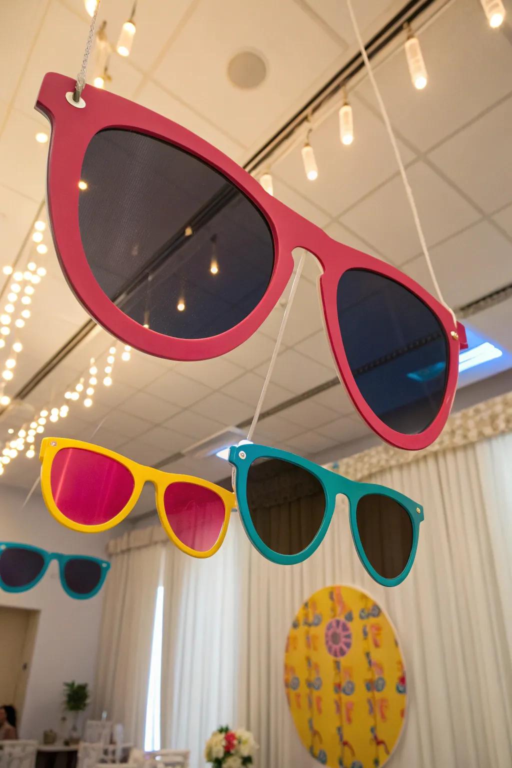 Oversized sunglasses add a whimsical touch.