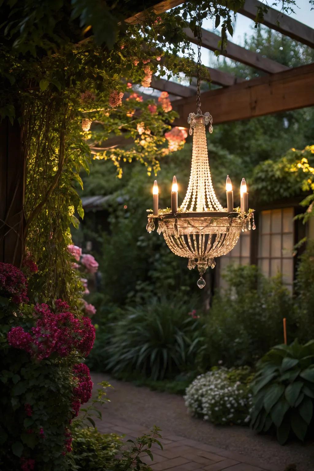 Use a solar light chandelier to illuminate your garden.