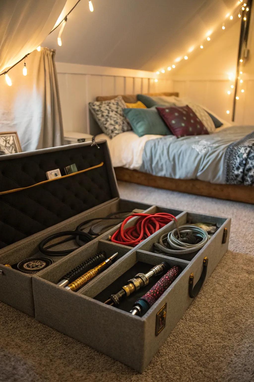 Under-the-bed storage is a discreet approach for storing smoking equipment.