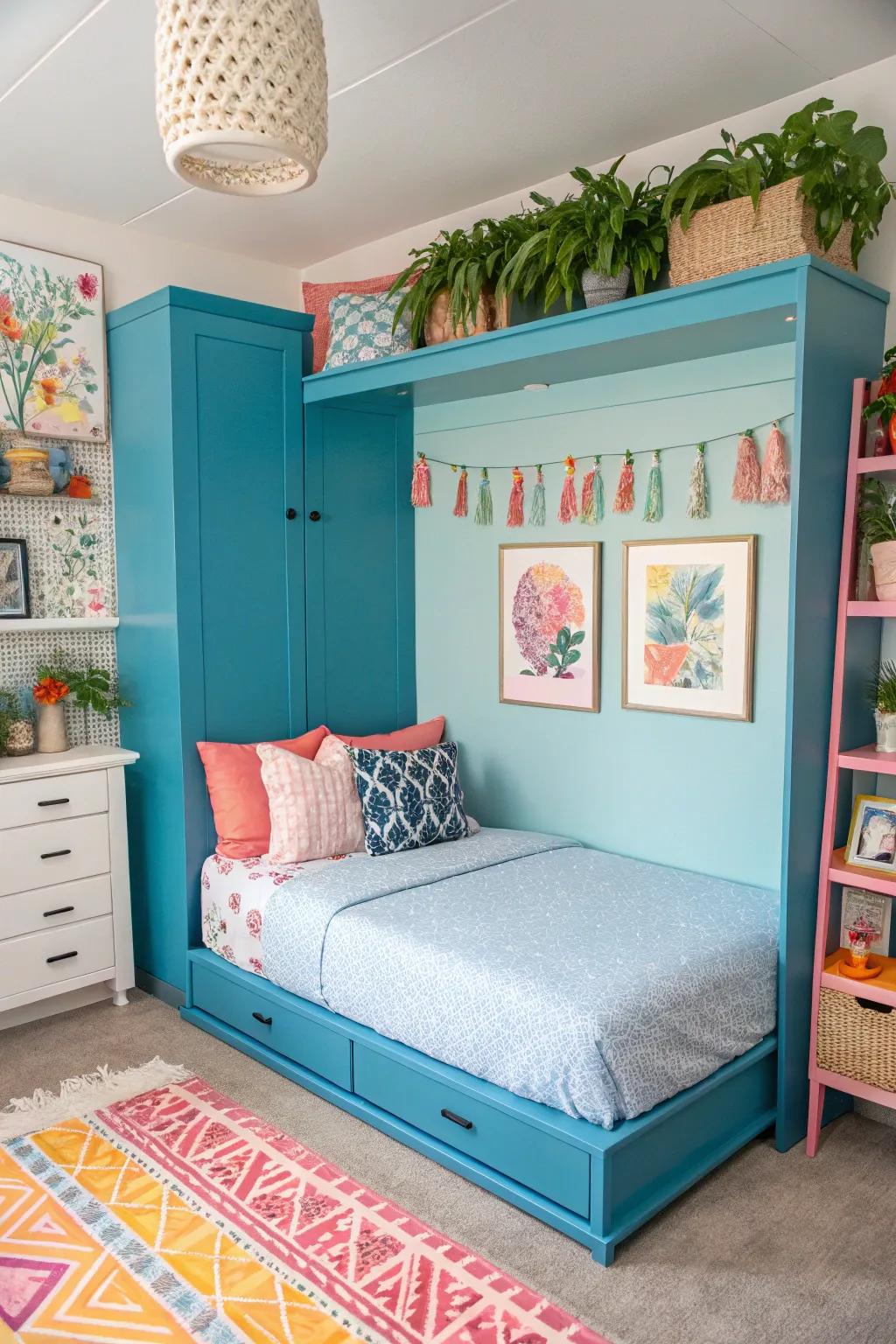 A vibrant room featuring a colorful foldaway bed, adding a lively touch to the space.