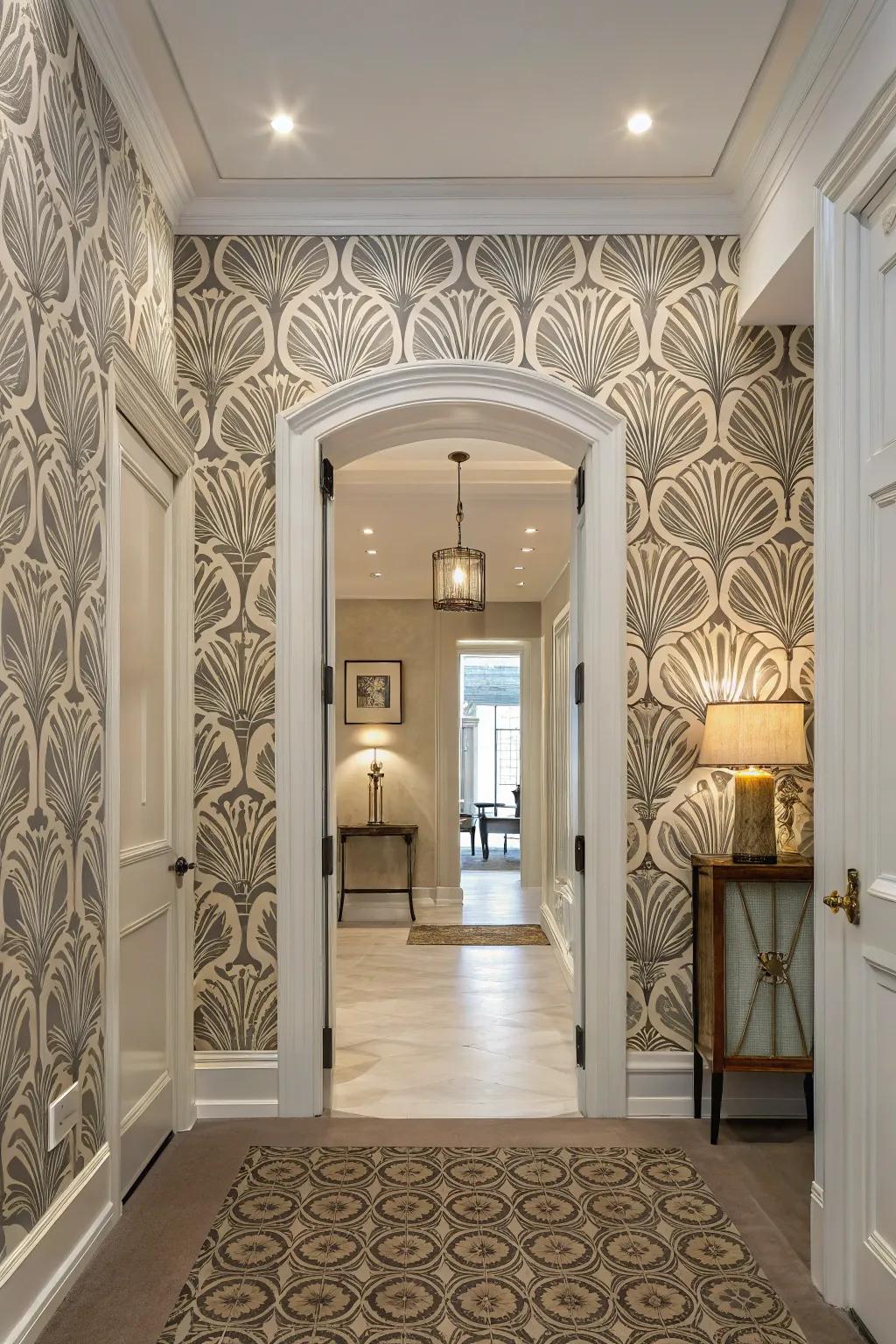 Standout wallpaper adds visual flair and elevates the entryway.