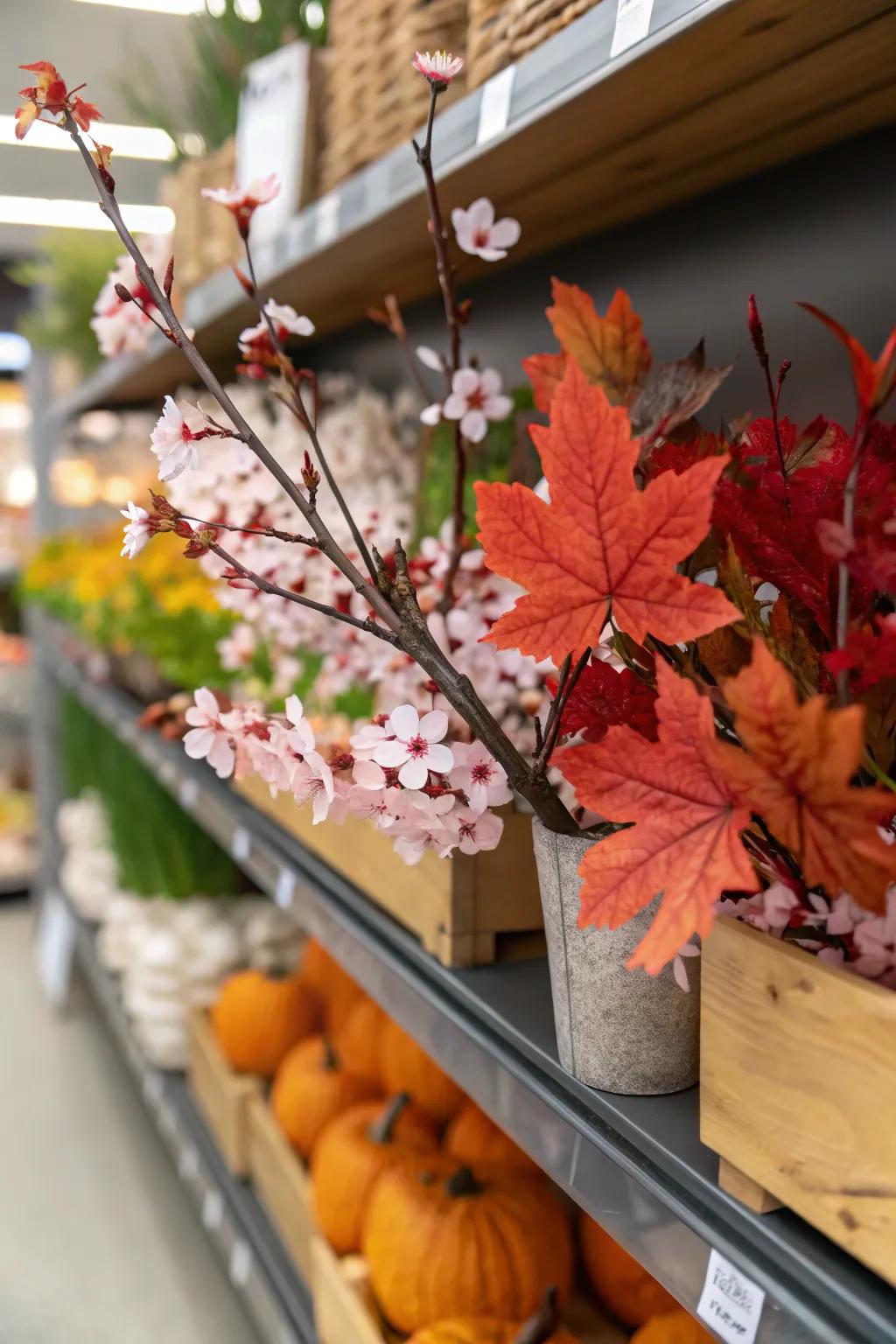 Seasonal decor keeps shelves fresh.
