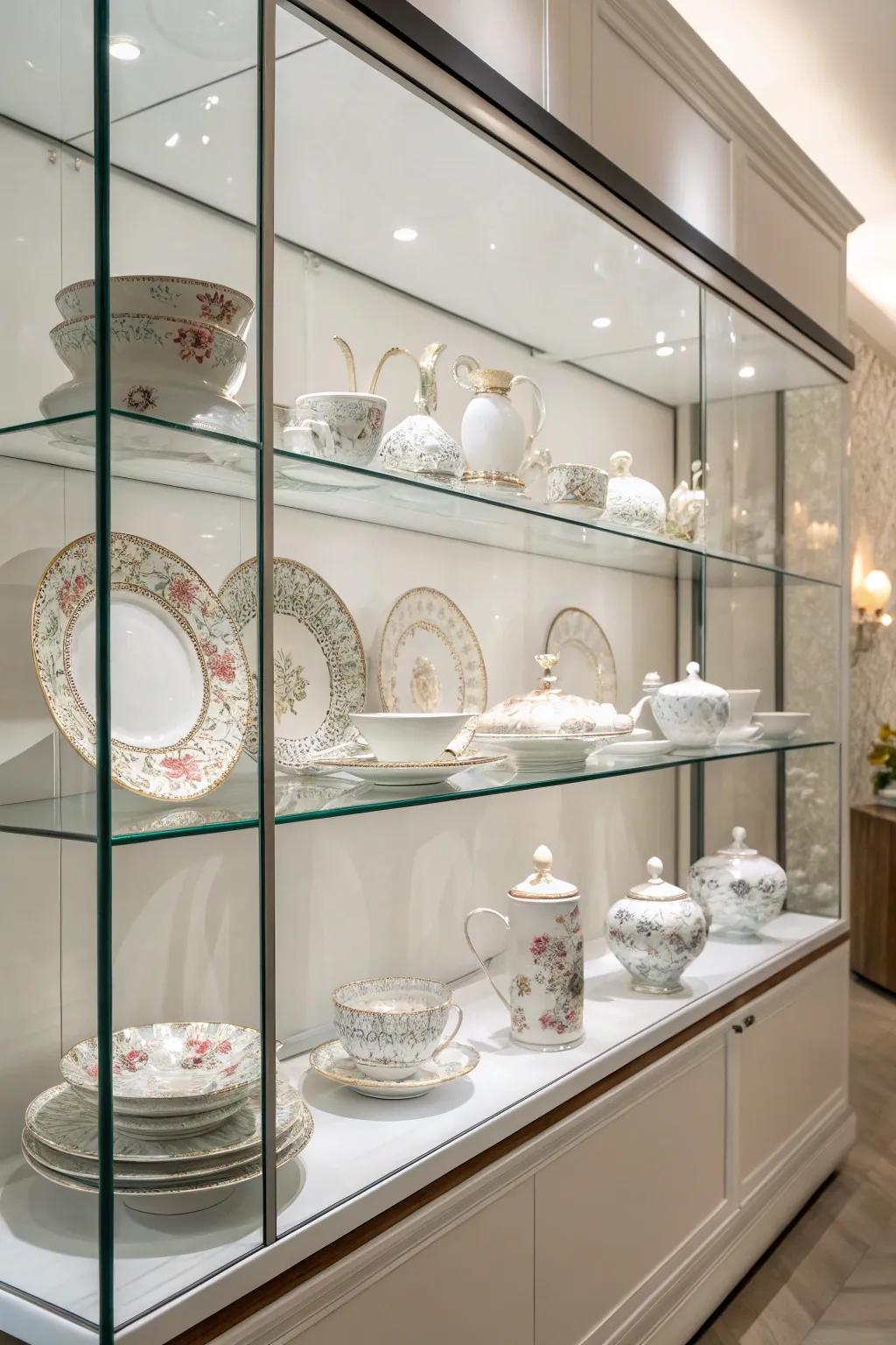 Contemporary crystal wall shelves gracefully displaying a selection of dishware.