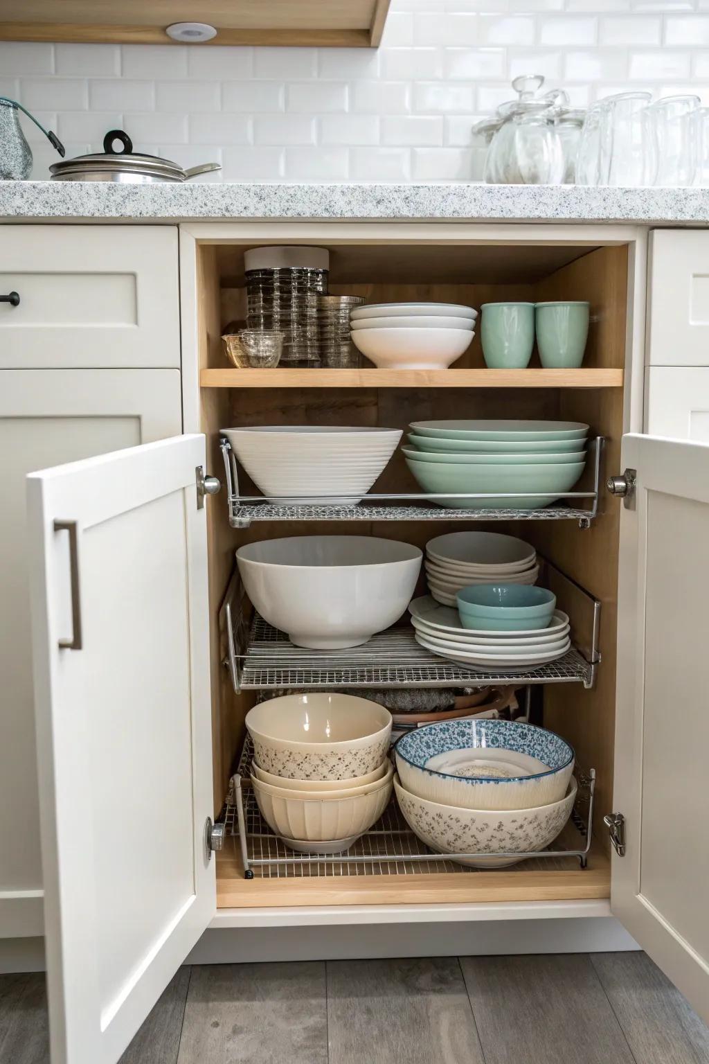 Nesting items improves space conservation inside cabinets.
