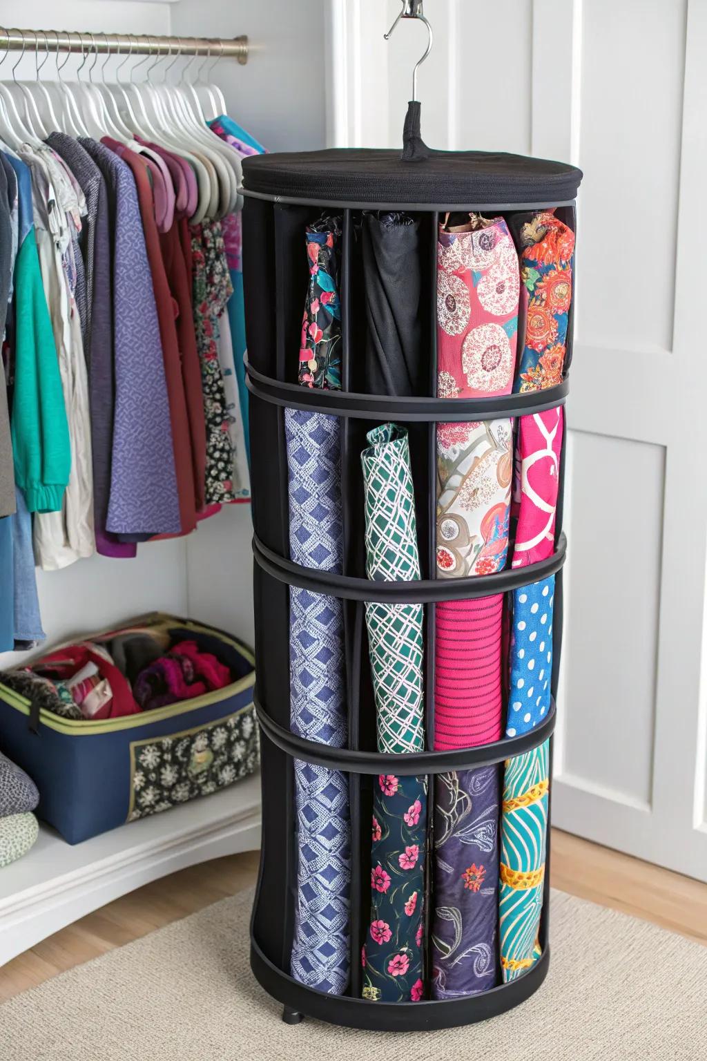 A revolving closet organizer revolutionizes leggings storage in confined spaces.
