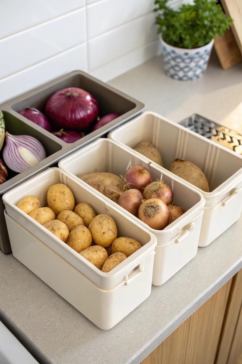 Countertop organizers maintain a tidy kitchen and keep produce accessible.