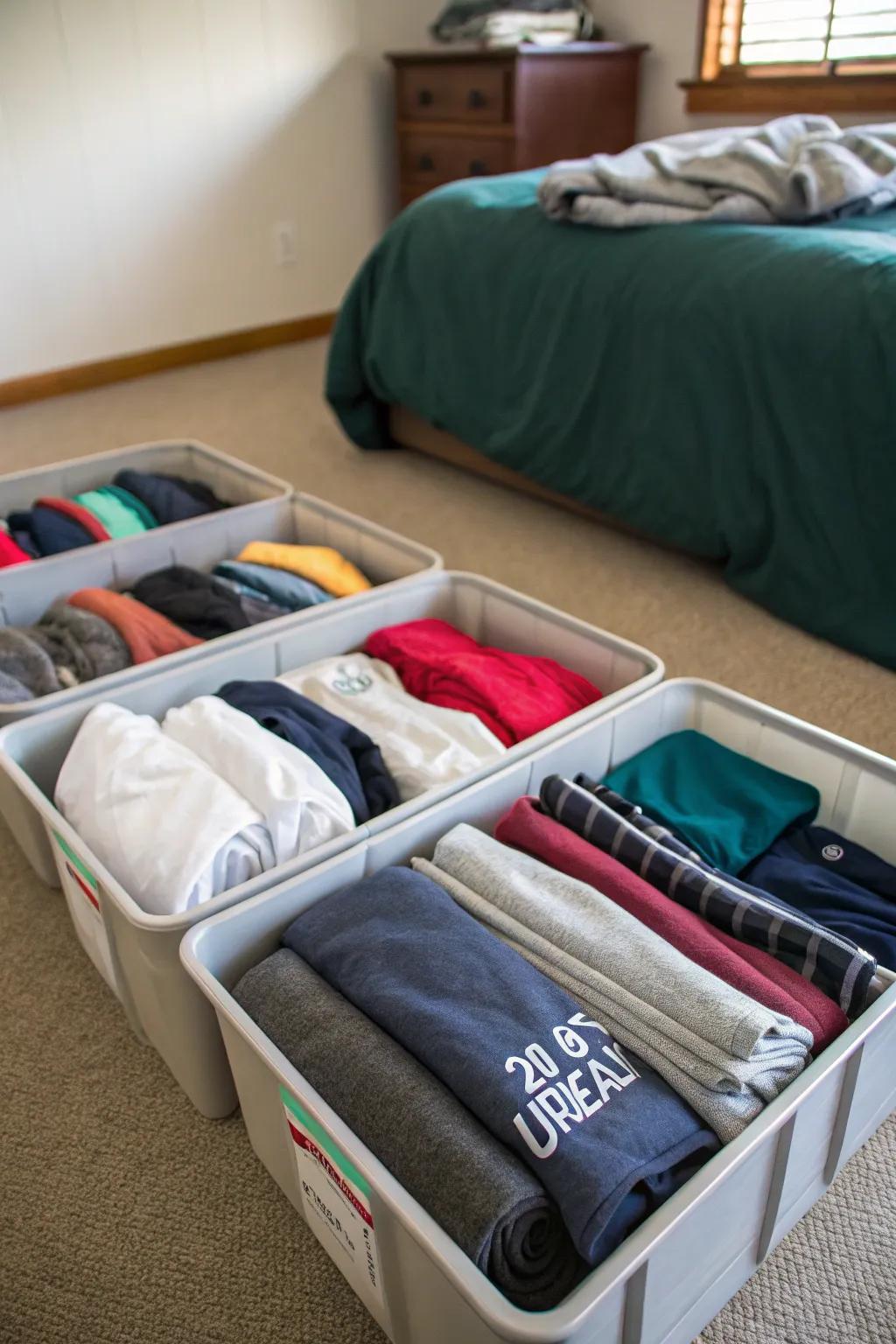 Under-bed storage hides off-season items.