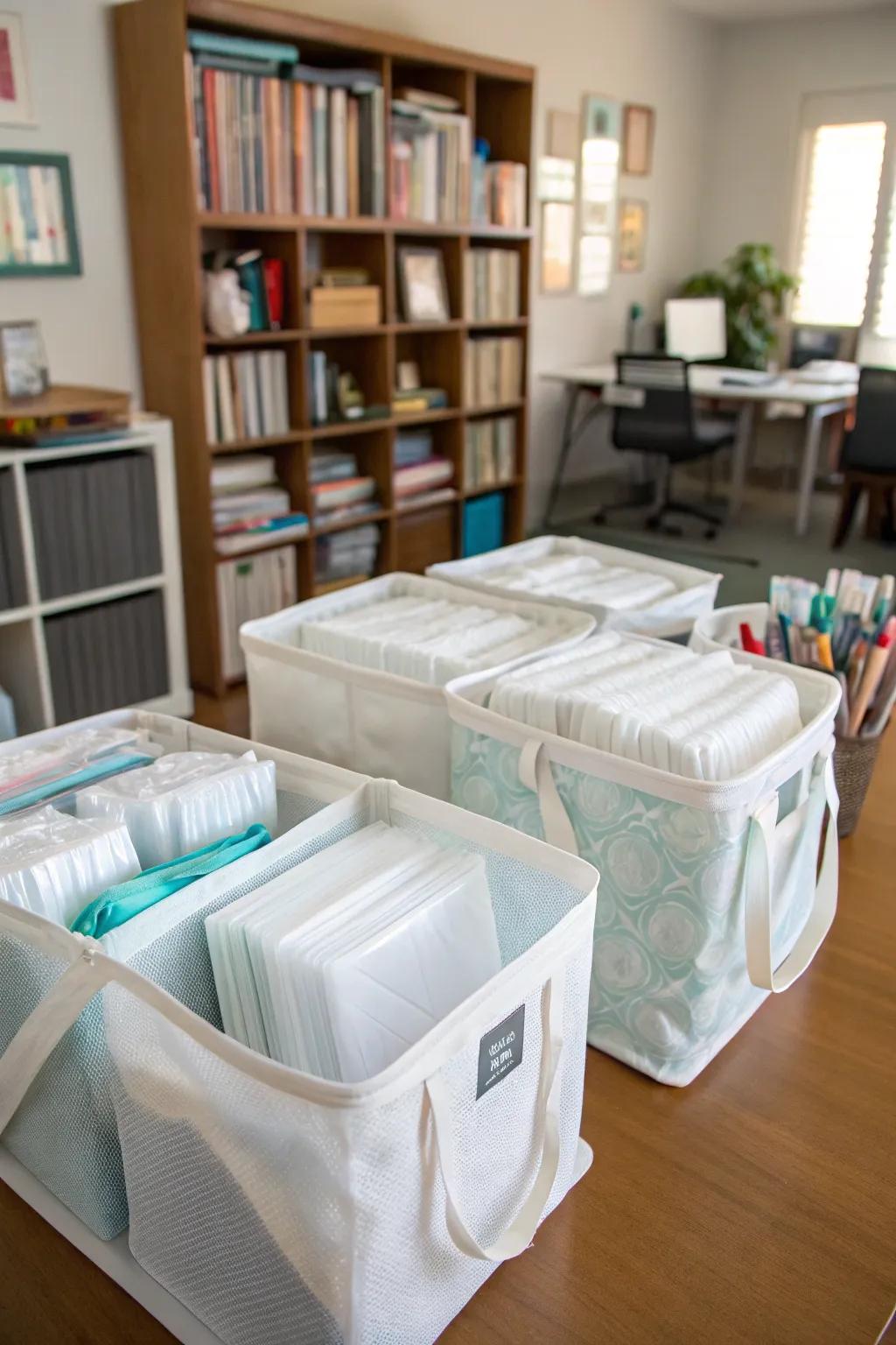 See-through storage sacks retain tissue paper viewable and pristine.