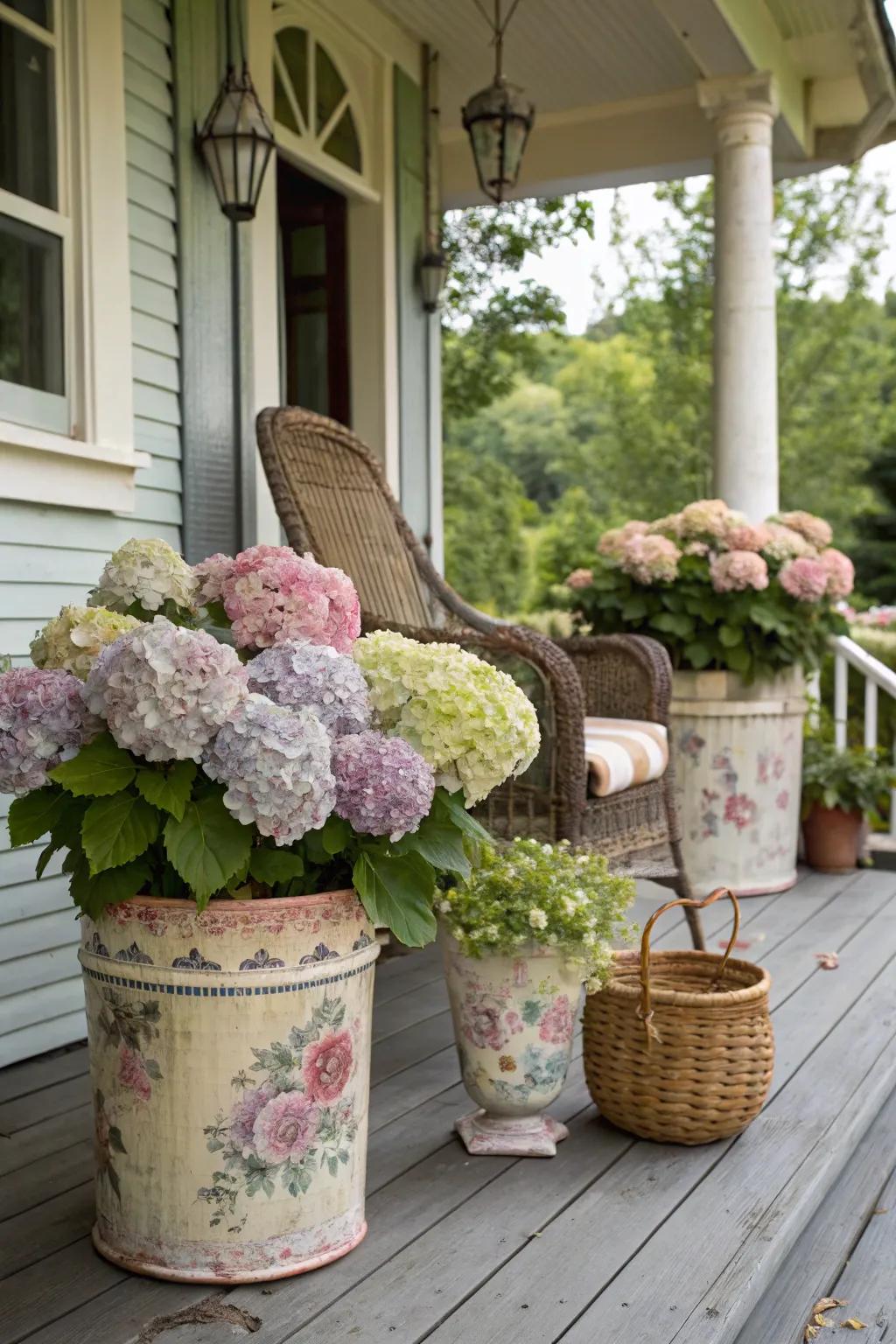 Classic-inspired pots lending a nostalgic charm to hydrangeas in pots.
