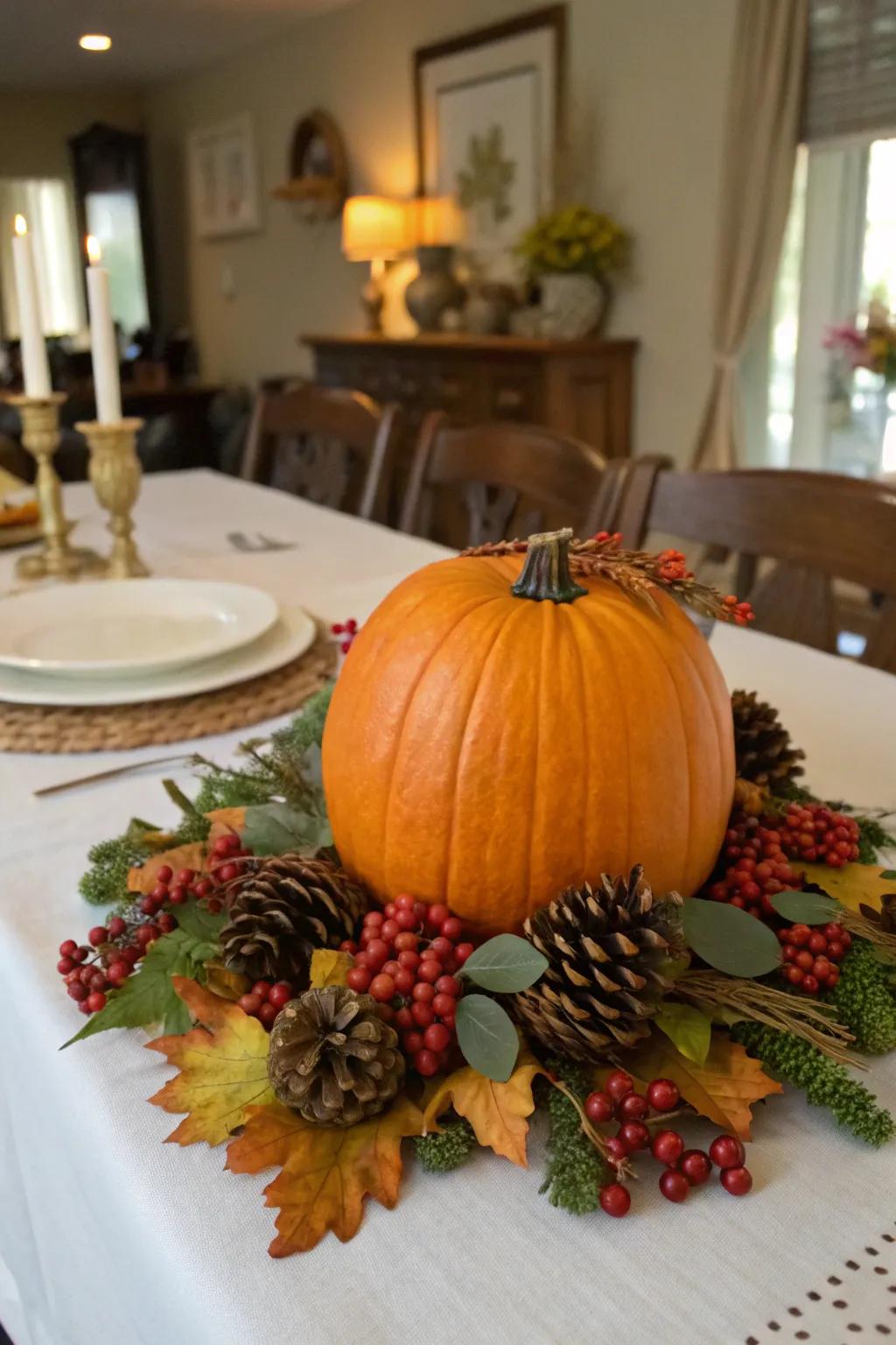 A nature-inspired pumpkin decor perfect for autumn centerpieces.