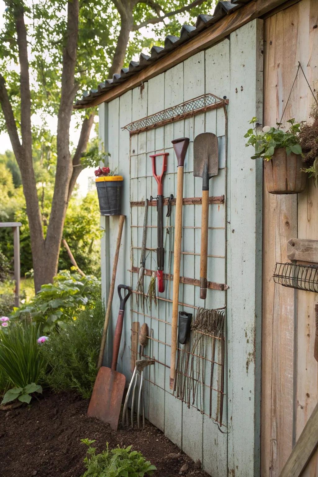 A metal frame provides flexible tool storage.
