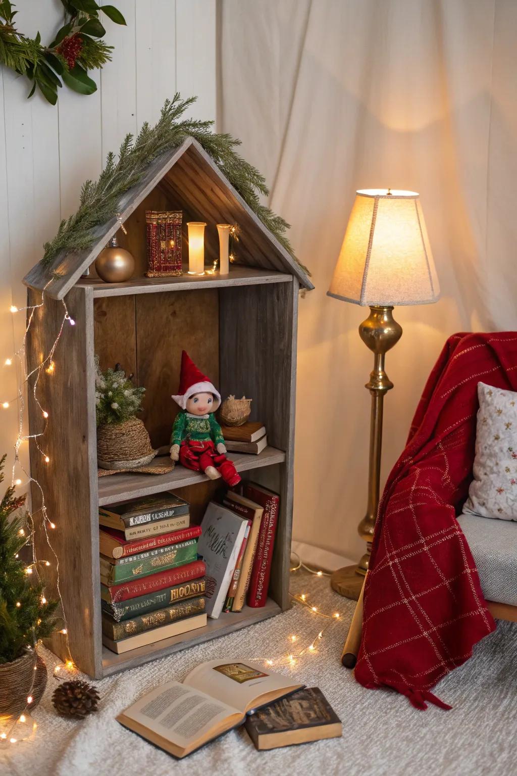 The elf enjoys a cozy reading nook upon its return.