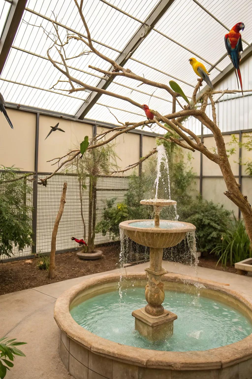 An aviary enhanced by the calmness of aquatic elements.