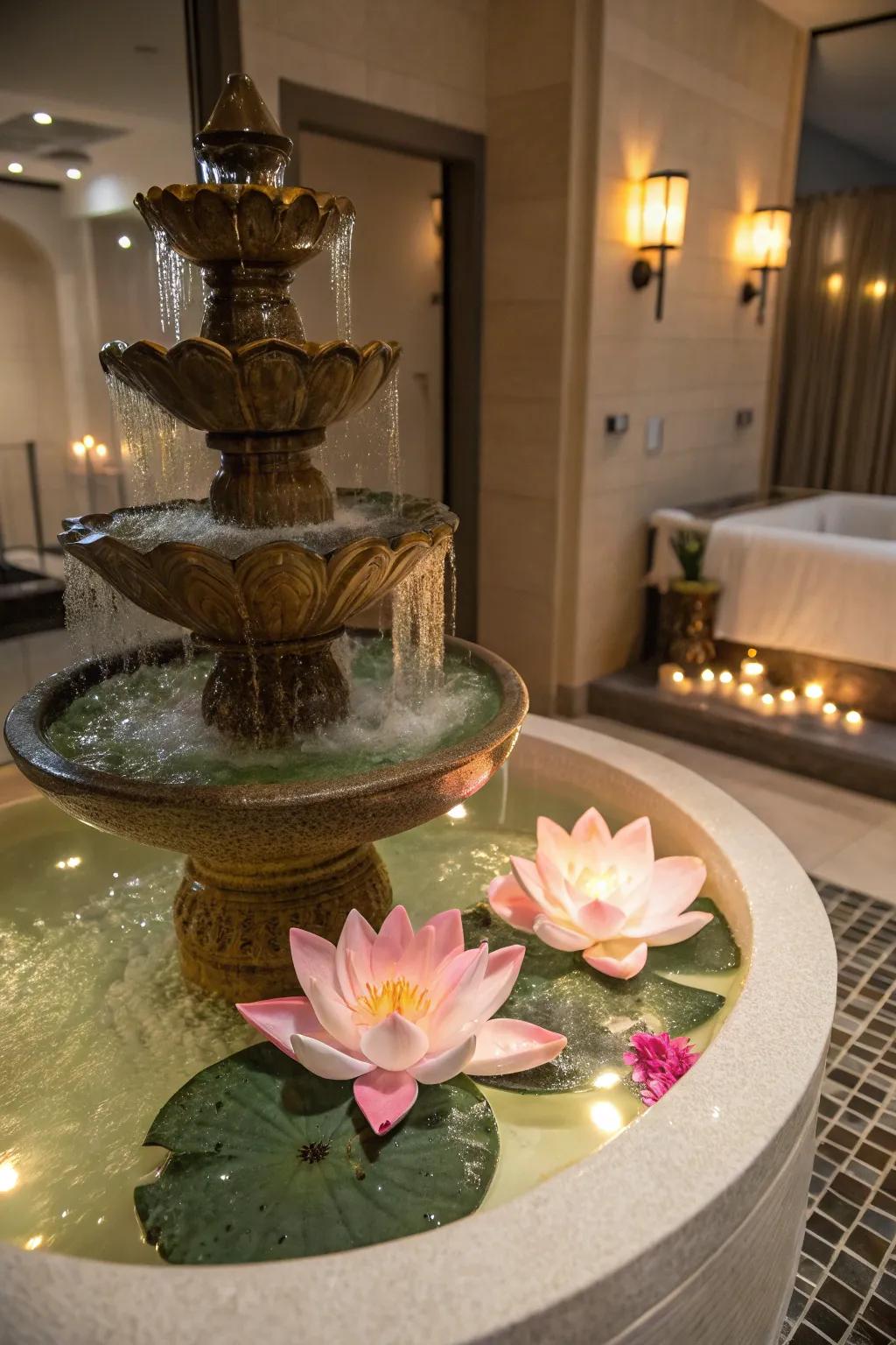 Floating lotus fountains bring an exotic and comforting touch.