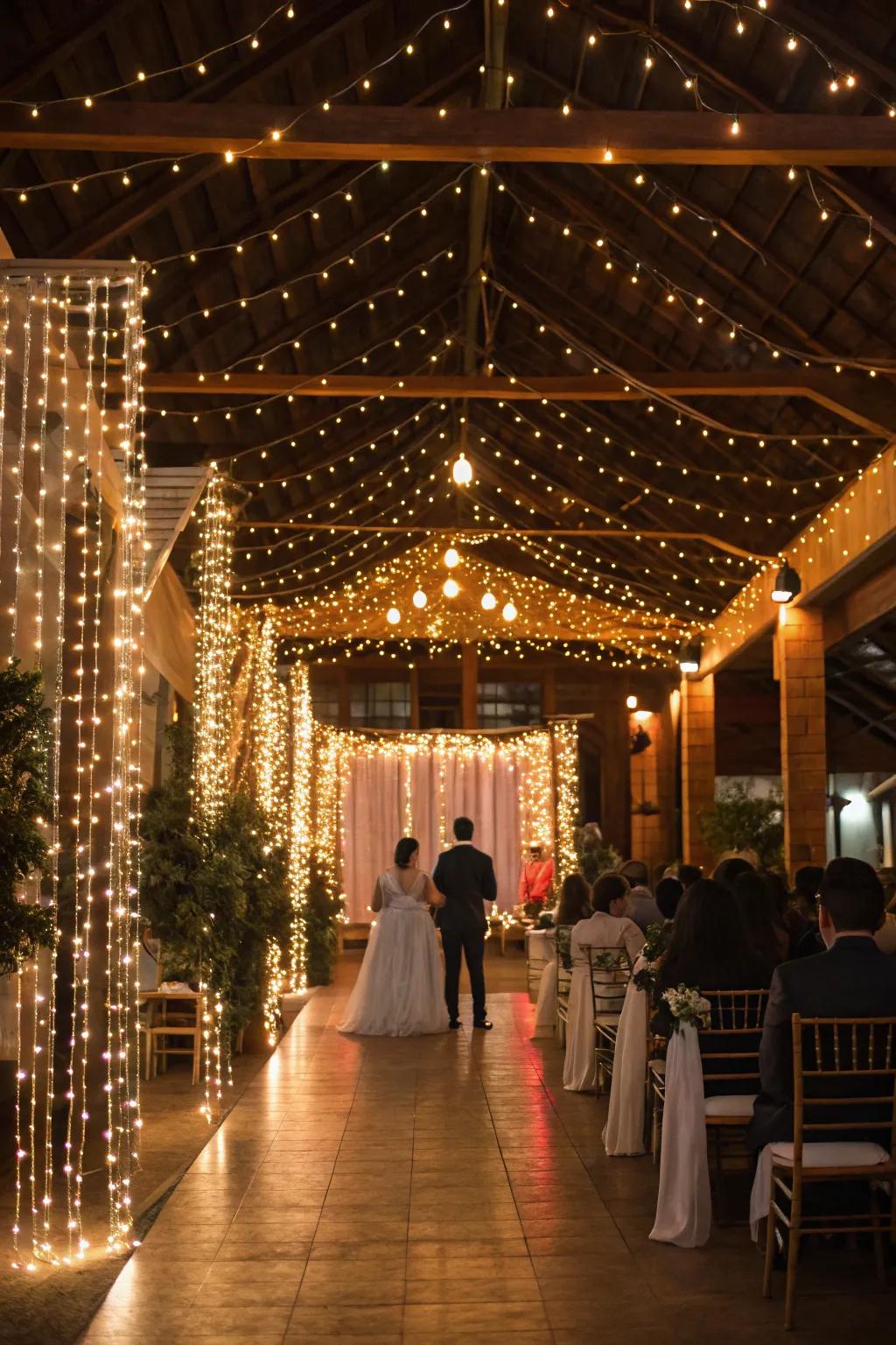 Fanciful light curtains adding a playful touch and magic to the wedding.