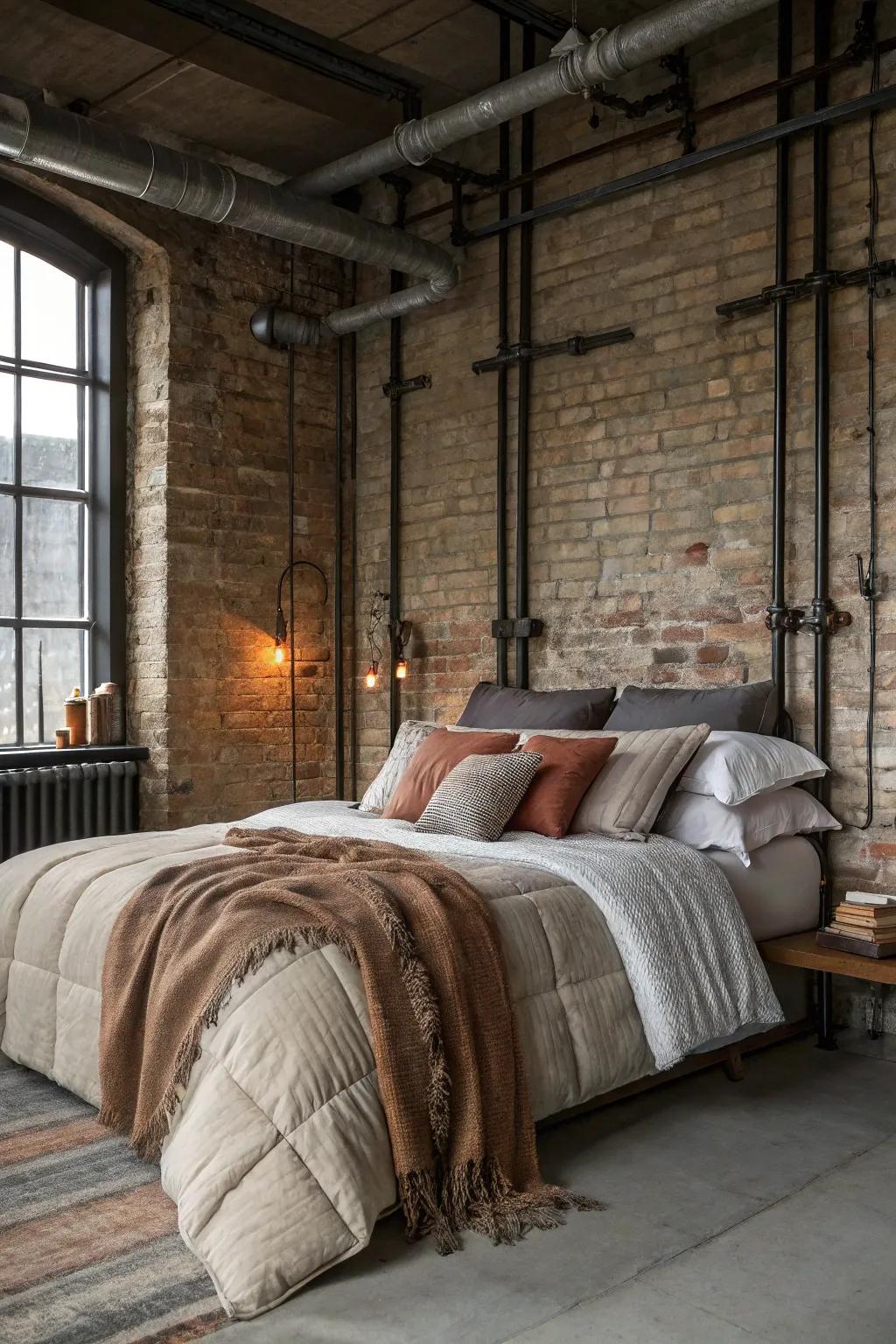 Inviting bedding introduces warmth and comfort to this industrial sleeping area.