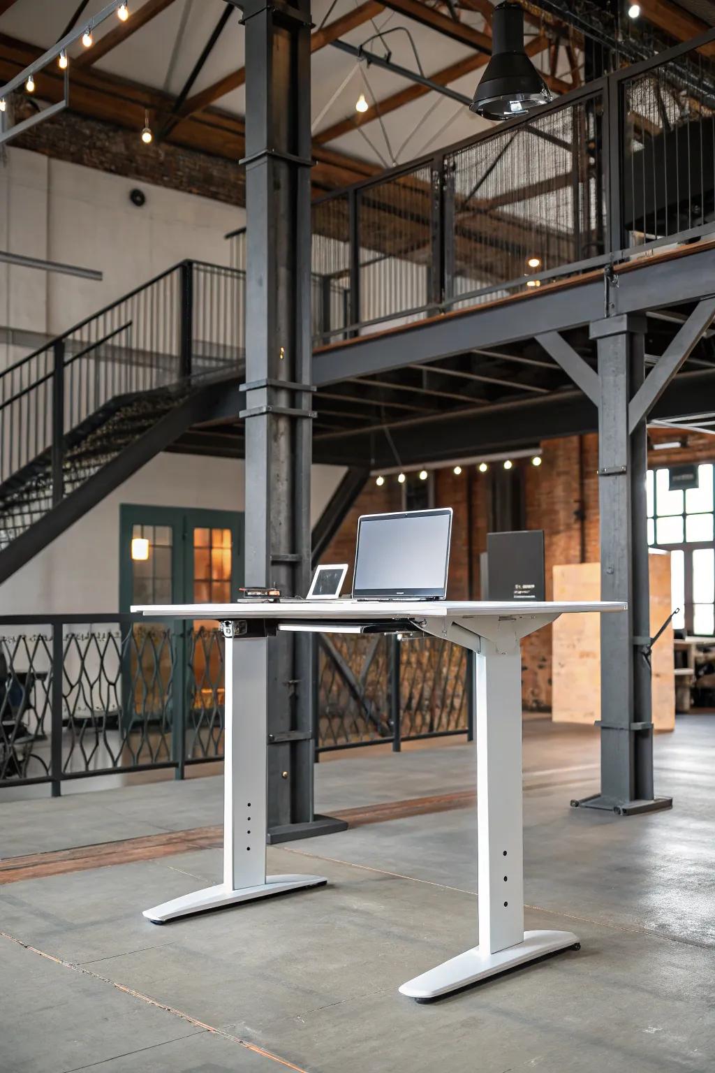 Adjustable-elevation desks introduce versatility to the industrial configuration.