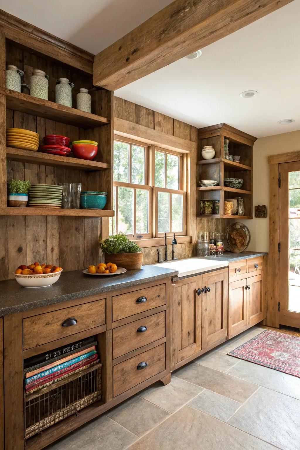 Highlight rustic charm and practicality with open shelving.
