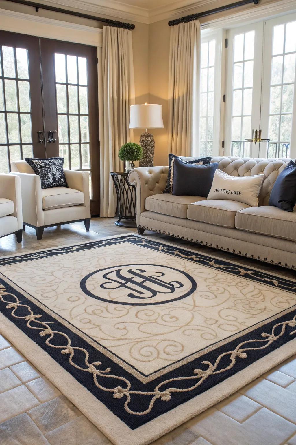 Add character utilizing an initials accent rug.