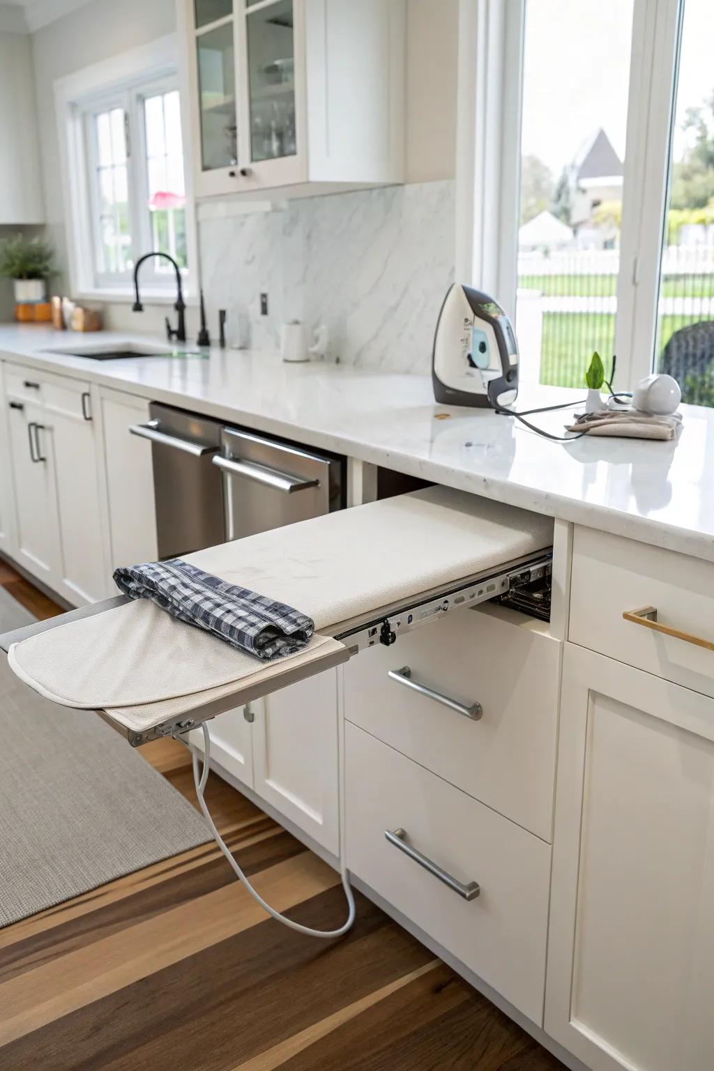 A slide-out drawer pressing surface in a contemporary kitchen.