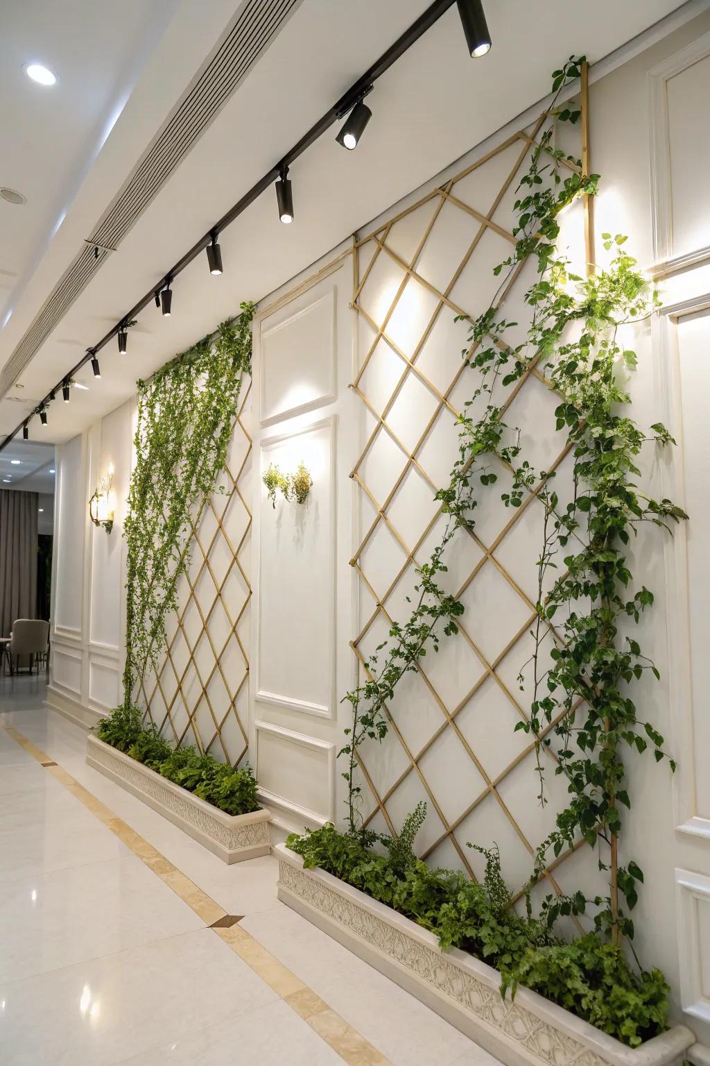 An interior ivy espalier wall injecting structure and sophistication into the space.
