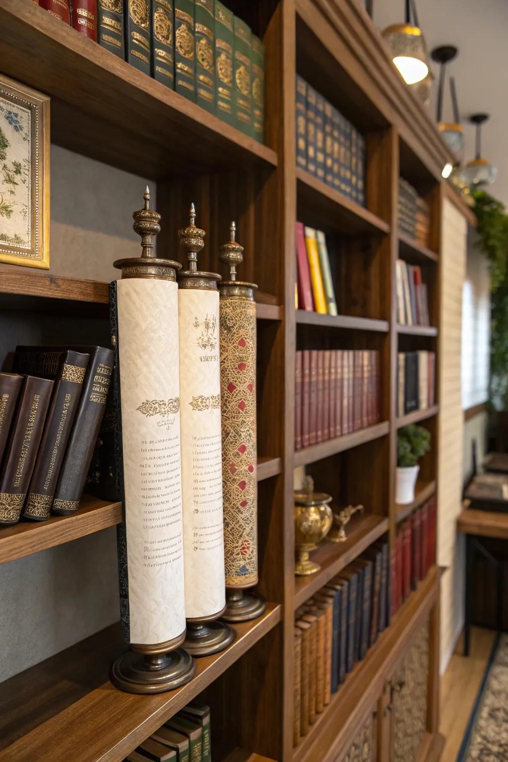 Scroll replicas provide an educational touch to the ornamentation.