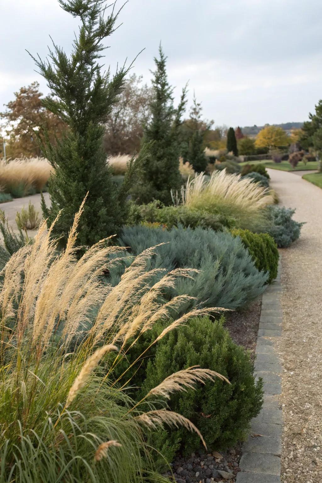 Captivating contrast of evergreens and grasses