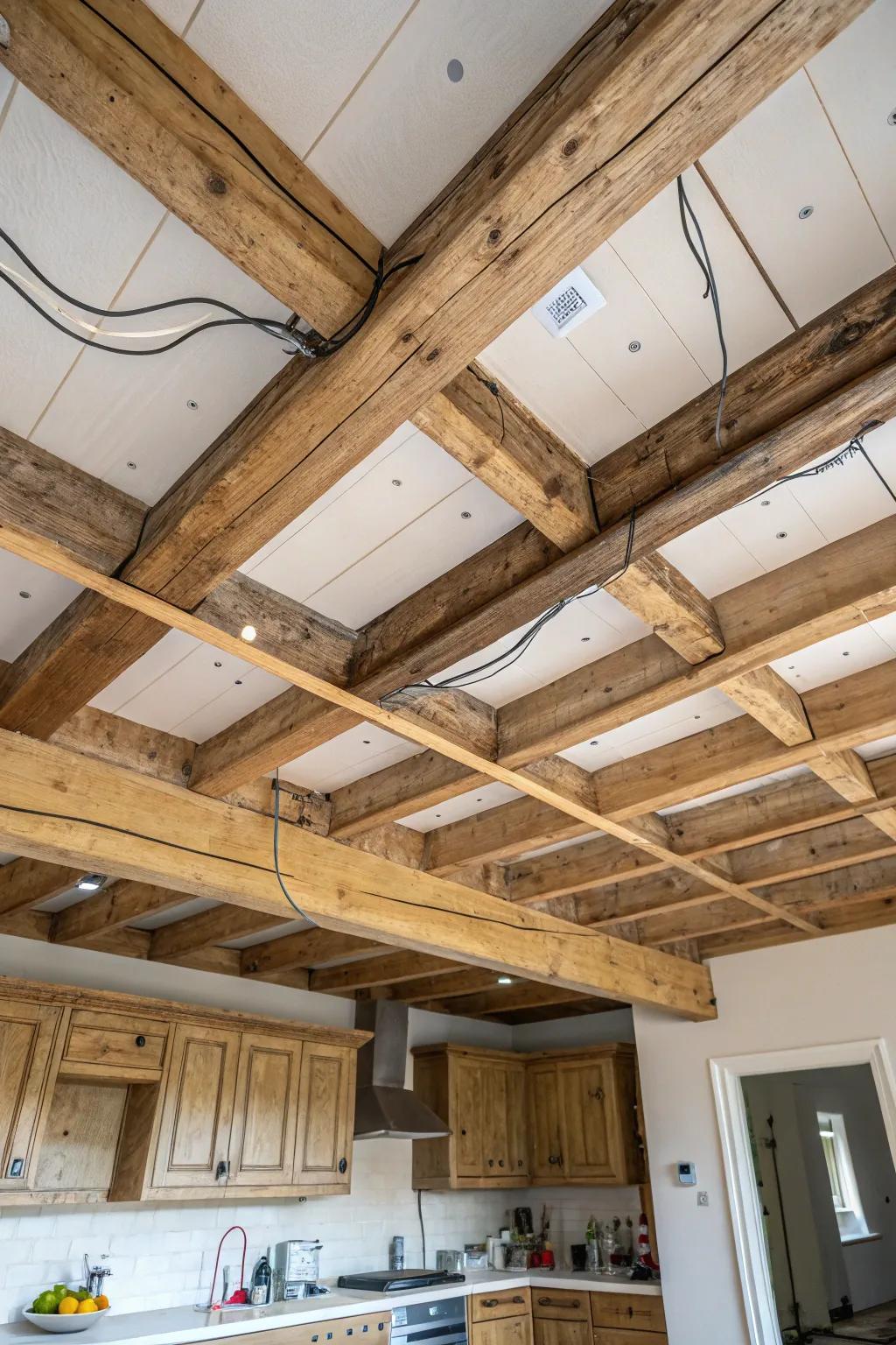 Use beams to stylishly hide ceiling flaws.