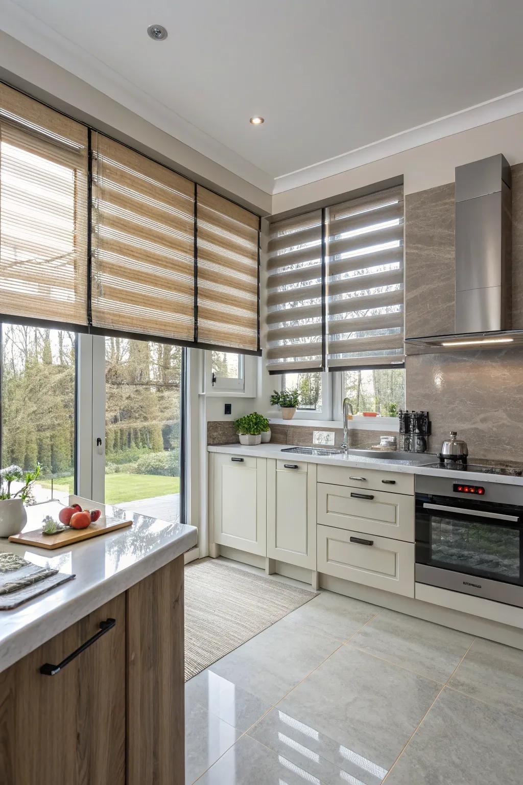 Stylish kitchen enhanced with tiered window treatments