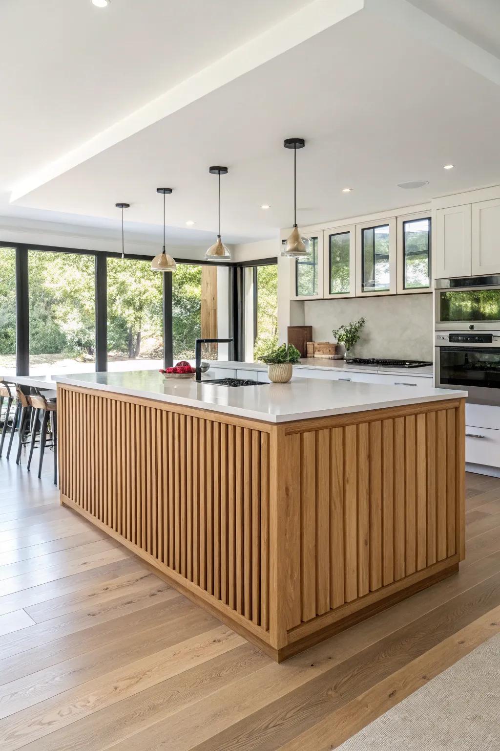 Standing strips on the island produce a striking and lengthened aesthetic.