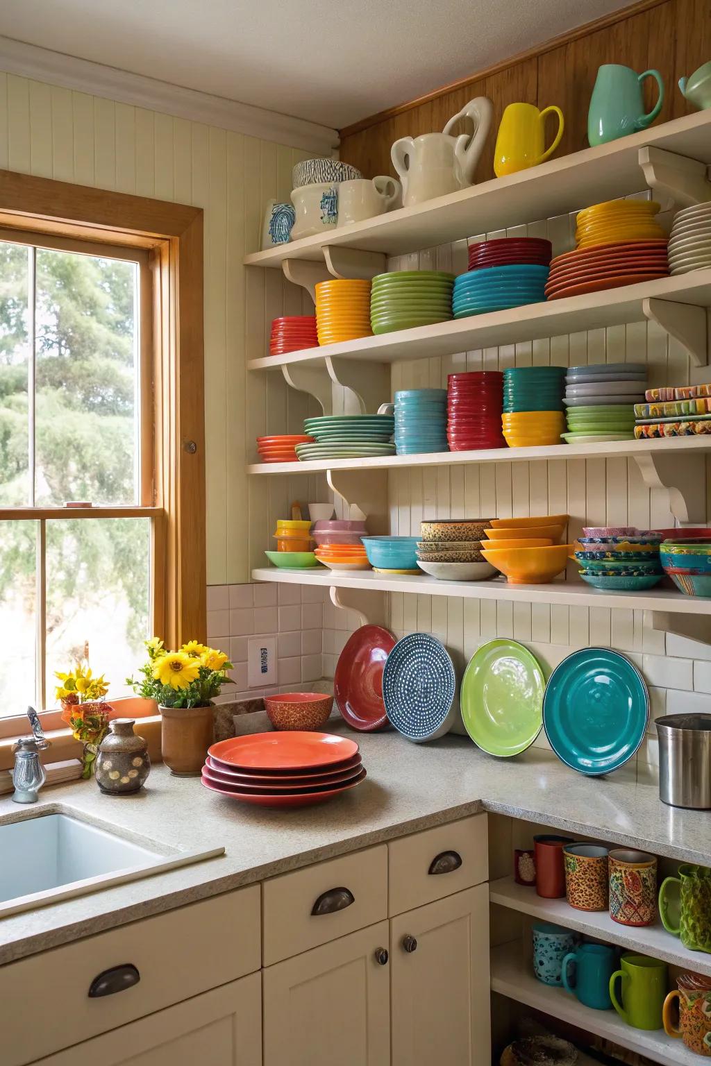 Open shelves add a personal touch and make the kitchen feel spacious.