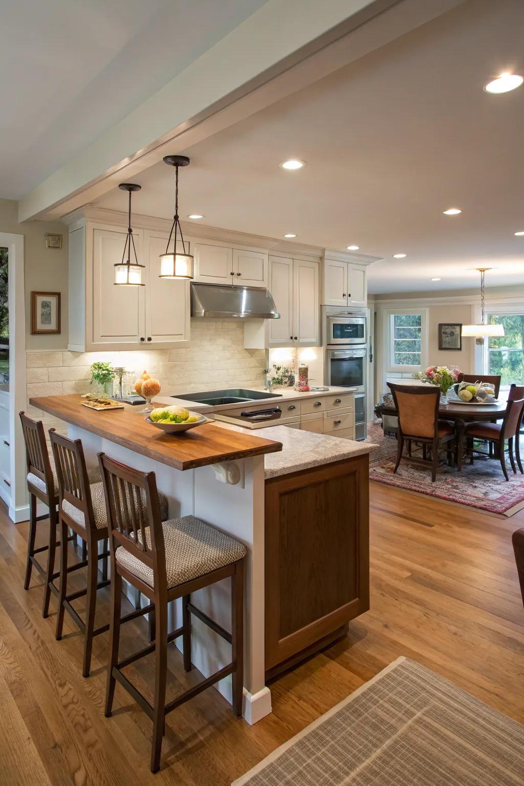 Peninsula seating defines space while keeping openness.