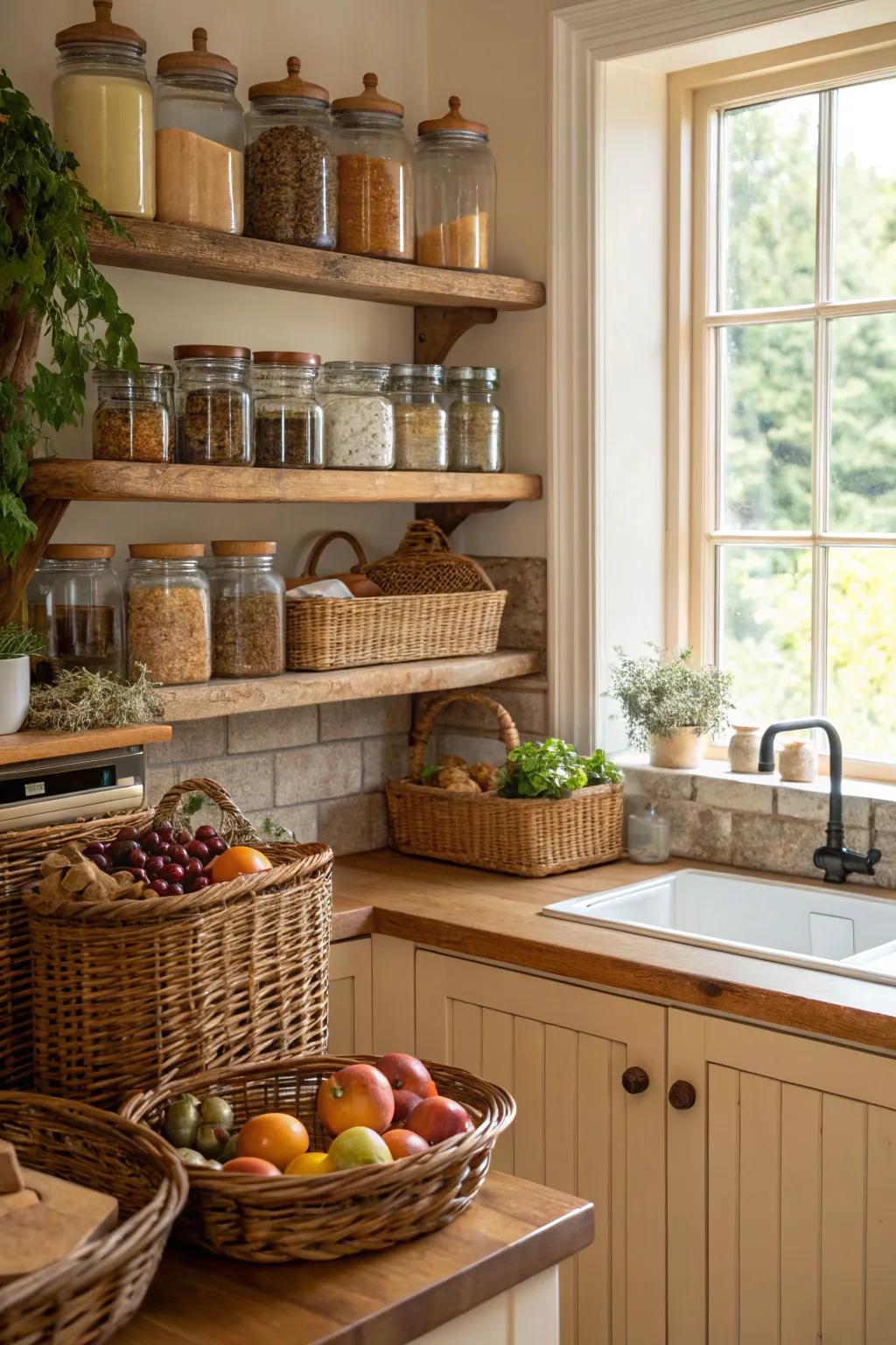 Stylish storage options keep the kitchen area arranged and cosmetically pleasing.