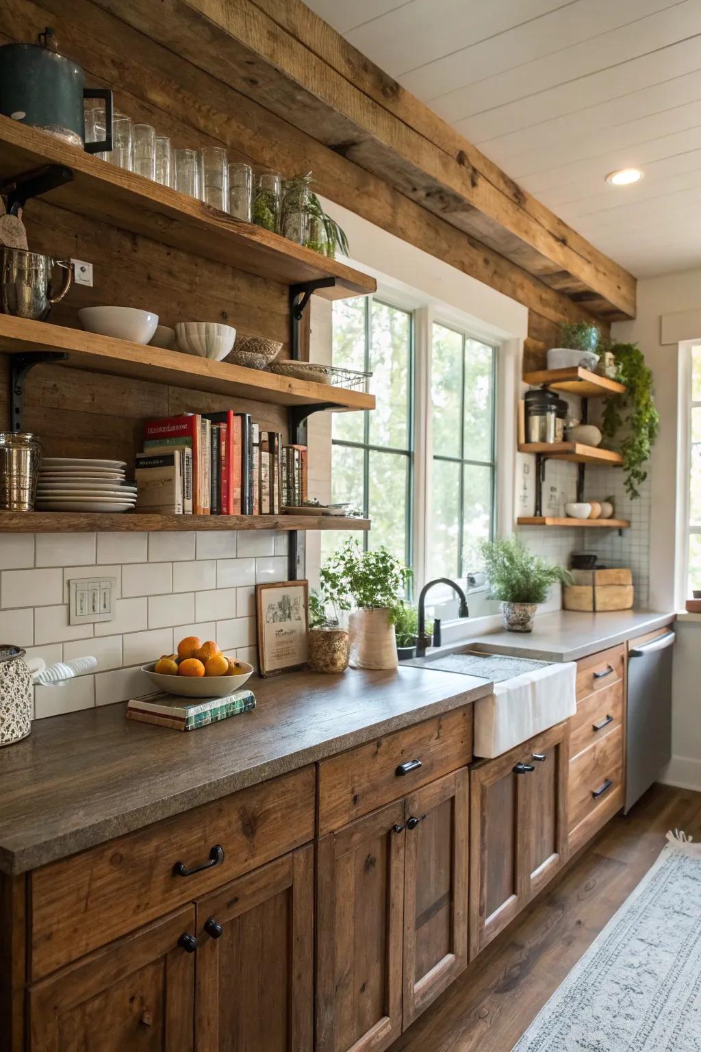 Recovered wood shelves give the kitchen warmth and countryside charm.