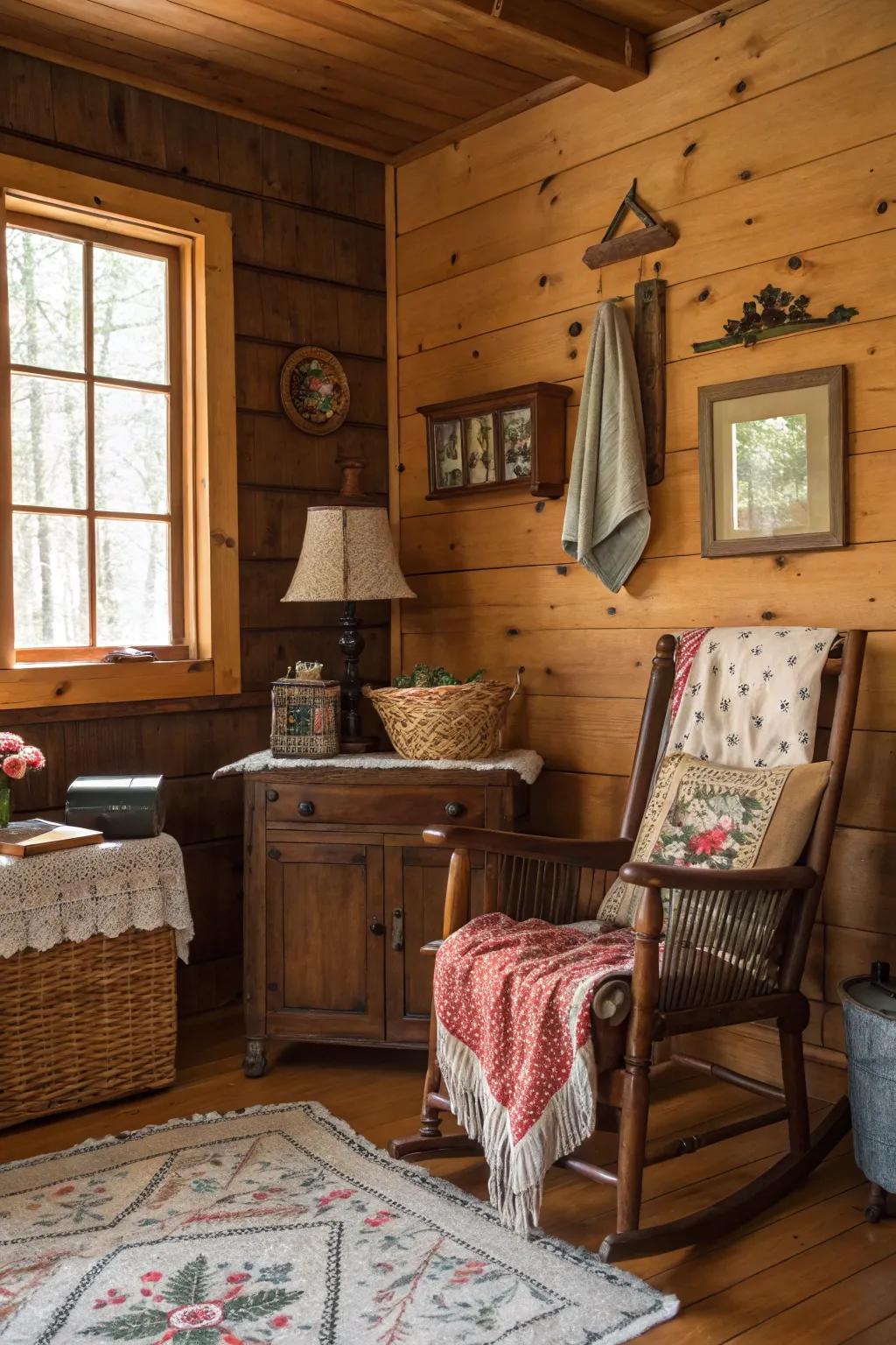 Vintage treasures adding personality and history to the cabin.
