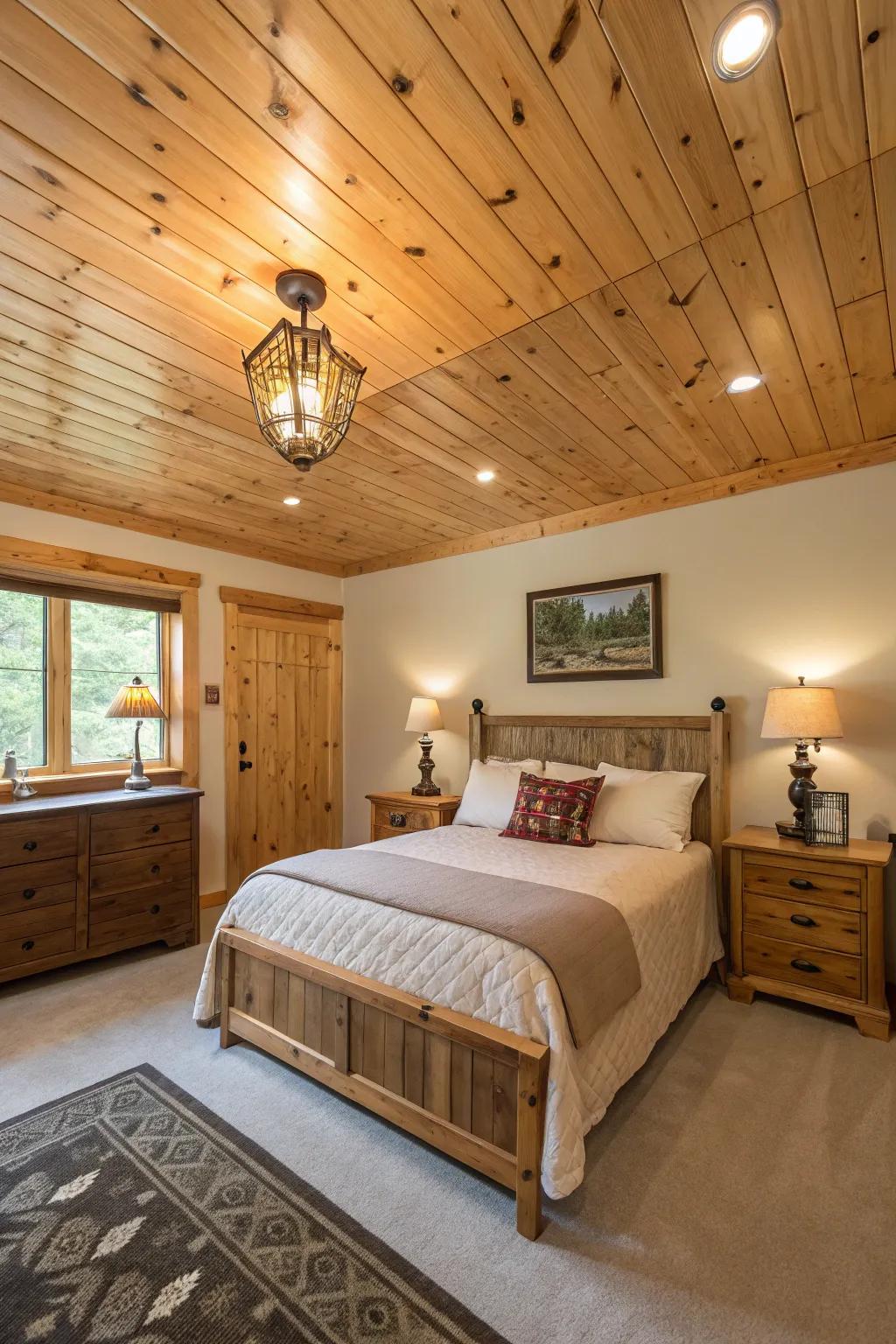 A room where the wood-clad ceiling and accent wall create a seamless look.