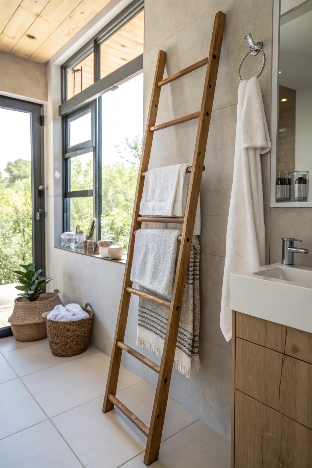 A ladder towel arrangement contributes style and function to the washroom.
