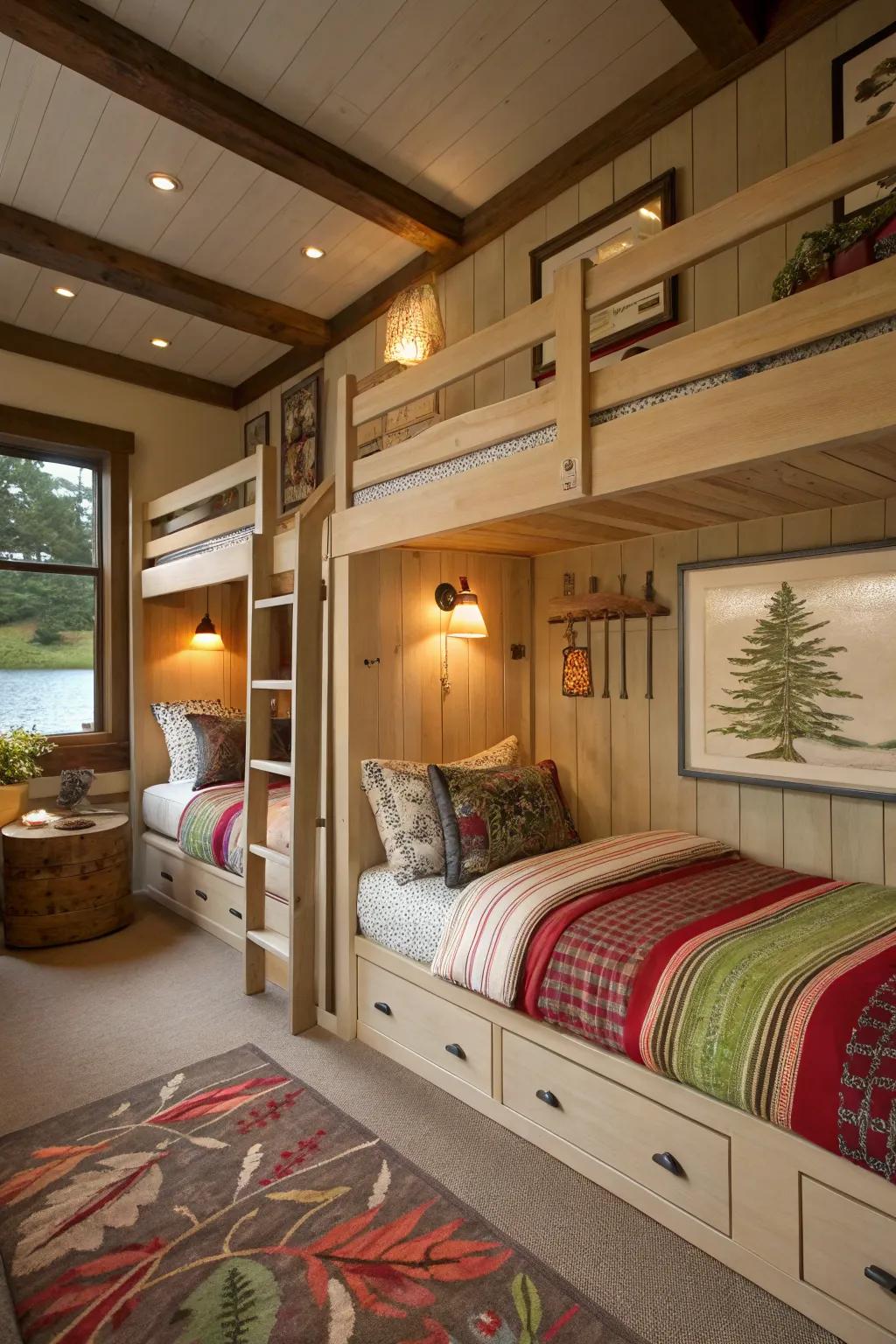 A sleeping nook presents a lively and inviting space for visitors.