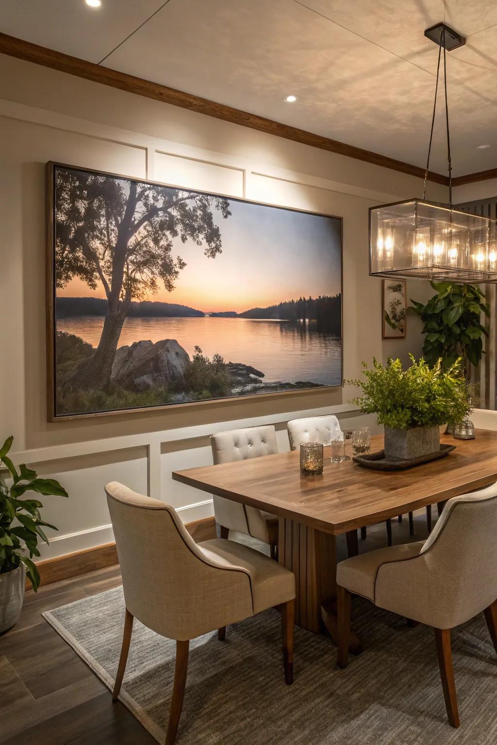 Art can serve as a stunning center point in your dining space.