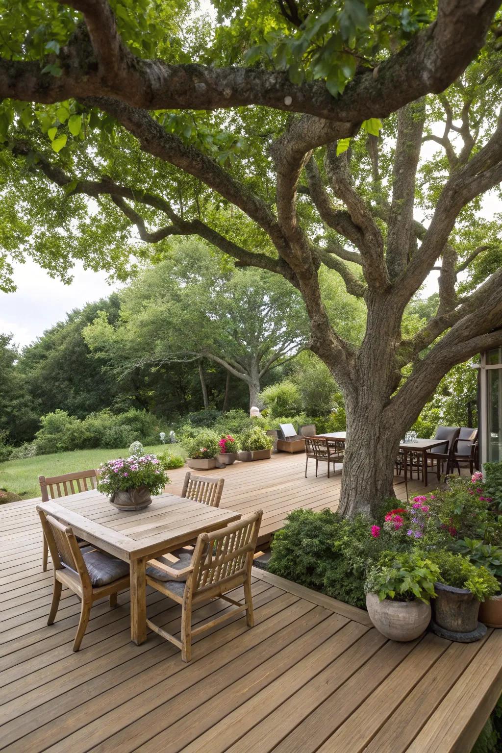 A tree has the potential to become the focal element of an appealing platform or outdoor seating space.