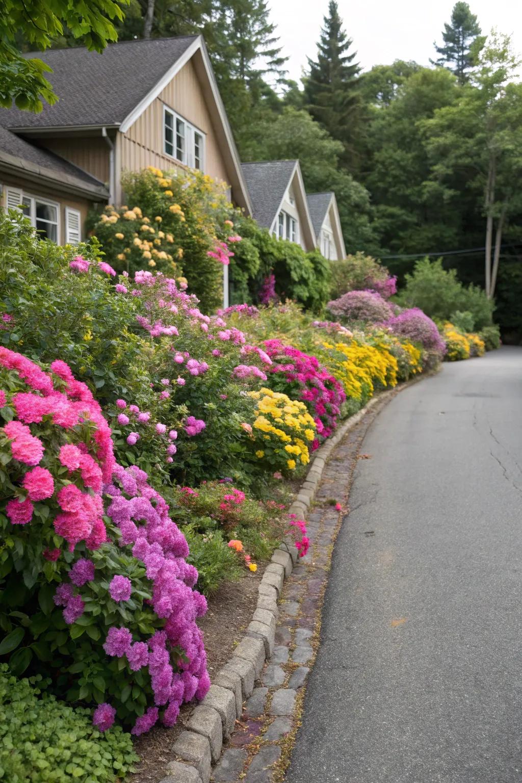 Seasonal flowers extend a colorful reception.