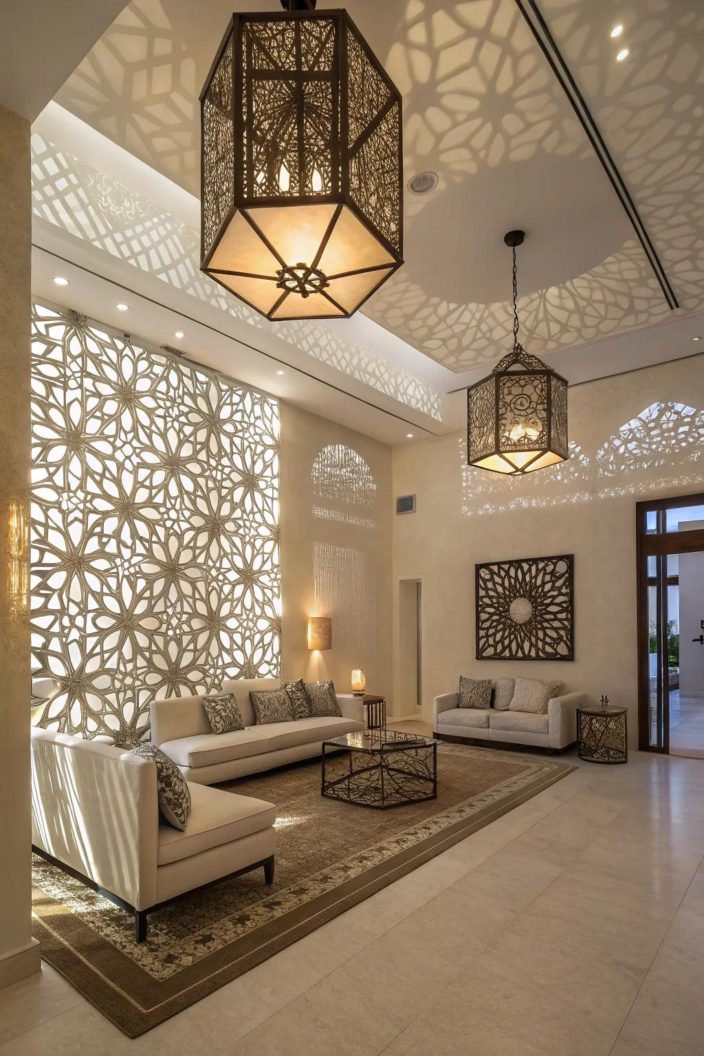 Stylish play of shadows produced by angled lights.
