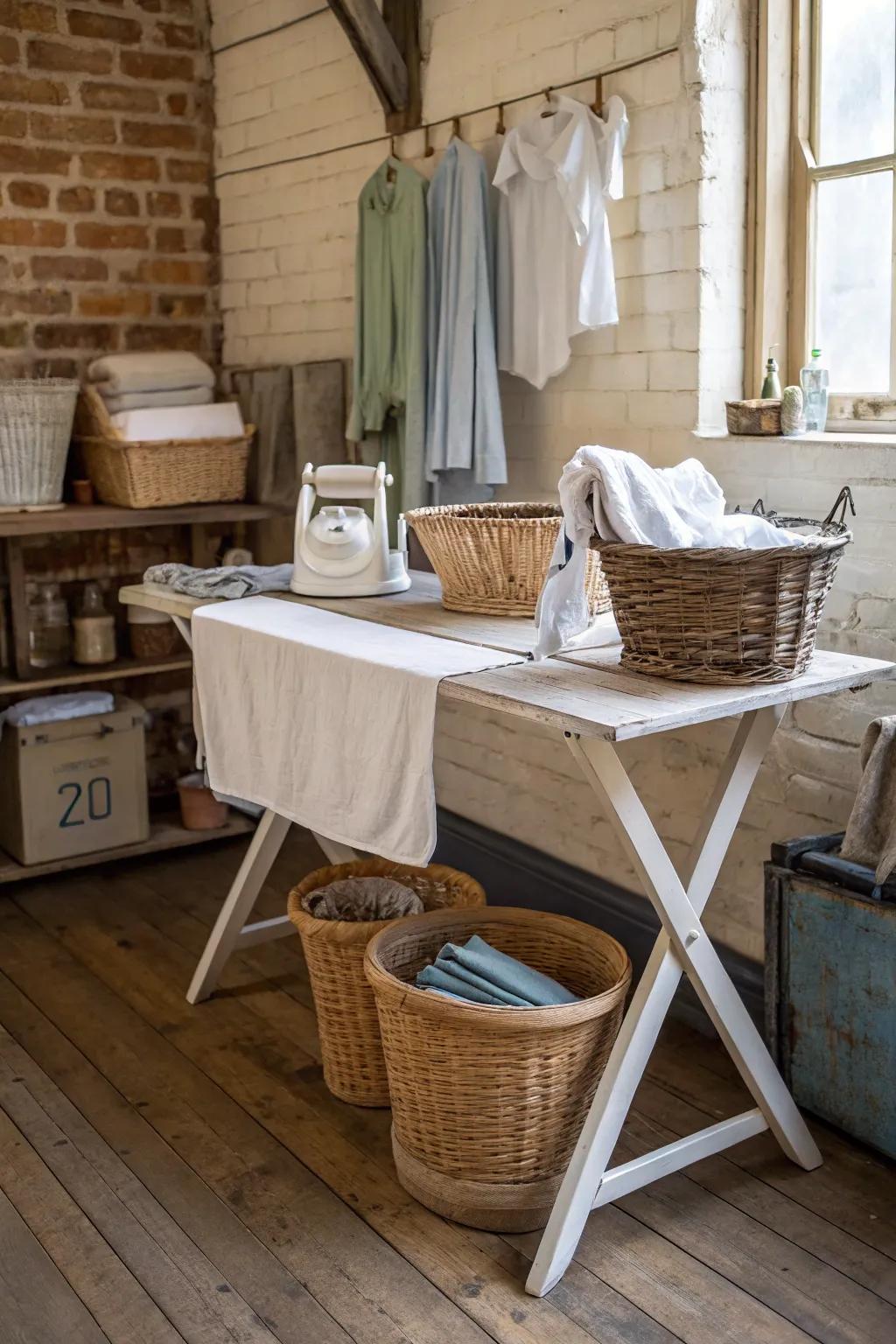 A vintage table brings timeless charm to the laundry room.