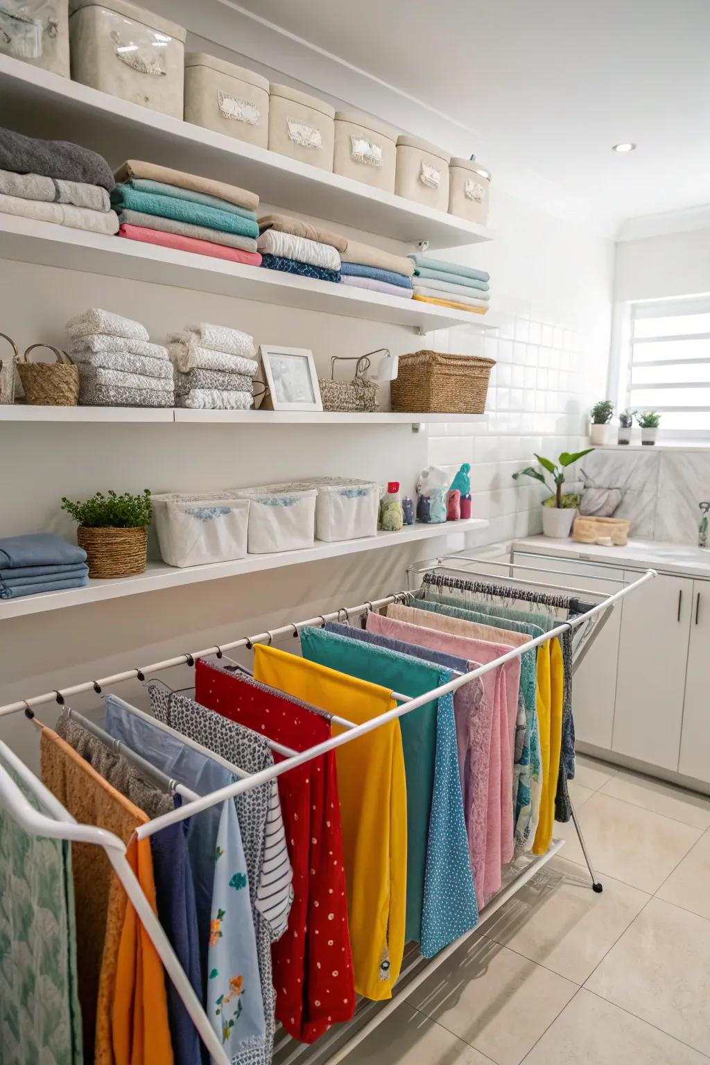 Under-shelf mounting maximizing space within a compact laundry area.