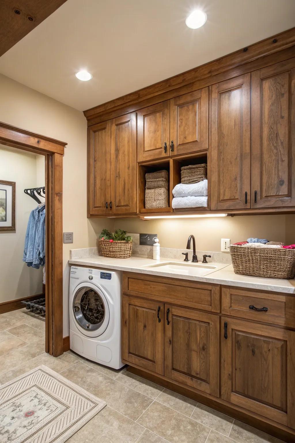 Custom wood enclosures give washbasins a built-in, stylish look.
