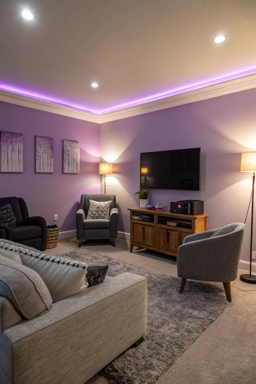 A lounge featuring a striking lavender feature wall designed for dramatic flair.