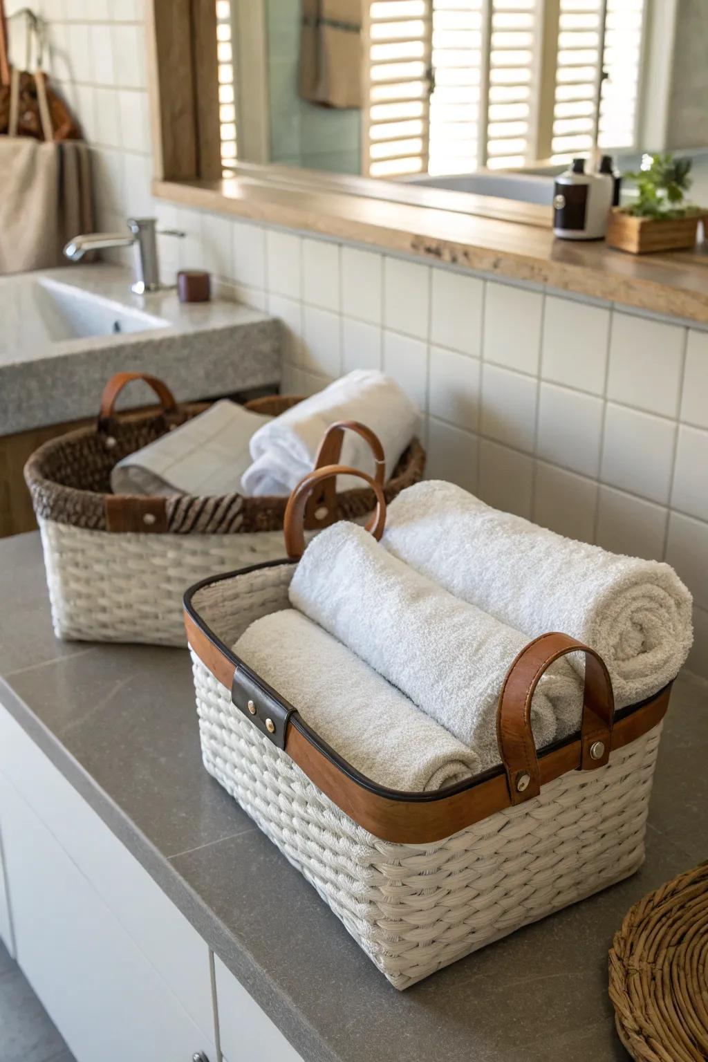 Hide trims enhance the look of simple baskets.
