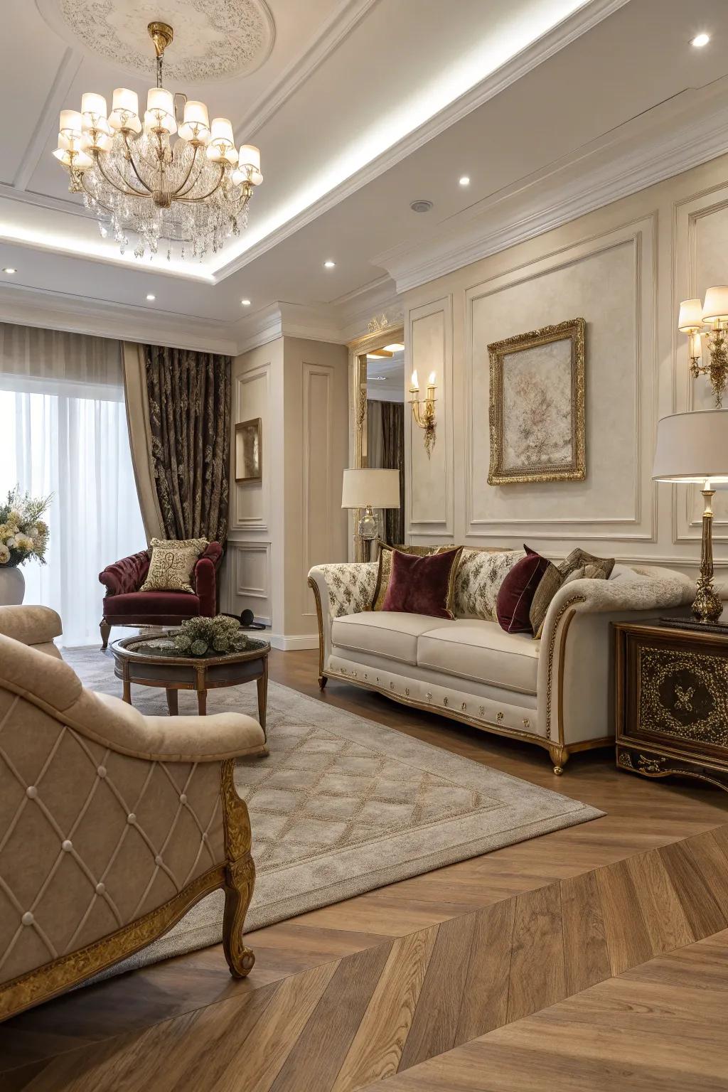 Light brown white oak flooring adds elegance to this sophisticated living room.